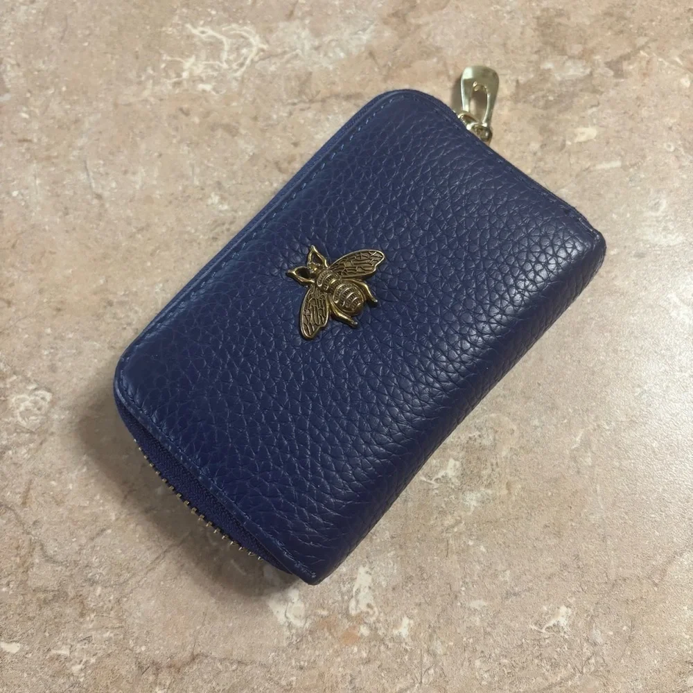 Elegant Navy Blue Faux Leather Card Holder with Brass Bee Accent